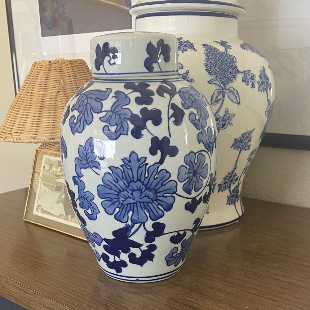 Blue and White Floral Ceramic Ginger Jar